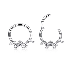 Pair of silver stainless steel snake earrings with detailed scales and seamless hinge