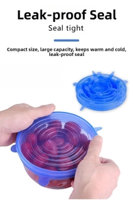 Detail of blue silicone stretch lids set showing flexibility and leak-proof seal performance