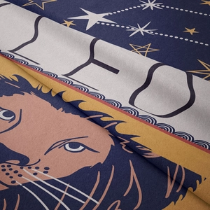 Detailed macro view of soft velvet Leo constellation tapestry fabric with star pattern
