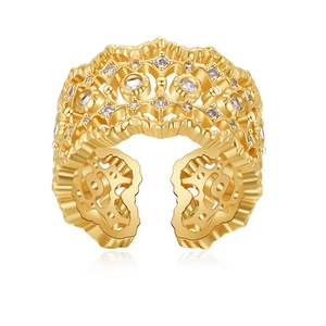 Fashionable 18K gold plated open ring with hollow design and zircon stone inlays