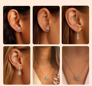 Detailed close-up of S925 silver gold-plated teardrop earrings and necklaces with zircon