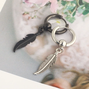 Detailed close-up of stainless steel feather pendant earrings in black and silver finishes