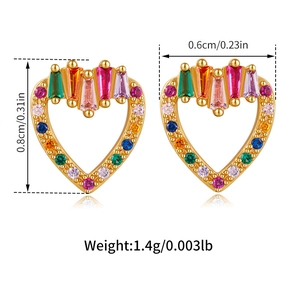 Detailed view of heart-shaped rainbow zircon earrings with gold plating and size labels