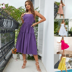 Robe Midi À Bretelles Spaghetti Polyester À Volants Dos Nu Grand Noeud Été Vacances Élégant Couleur Unie Femmes