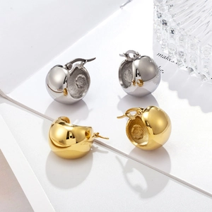 Minimalist thick C-shape gold and silver ball earrings in polished stainless steel finish
