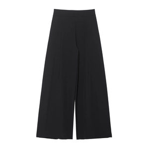Chic high-waisted black wide-leg trousers in premium suiting fabric on white background