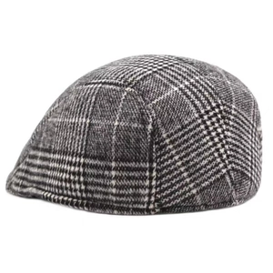 Classic grey plaid wool flat cap for men, stylish warm newsboy ivy hat for autumn and winter