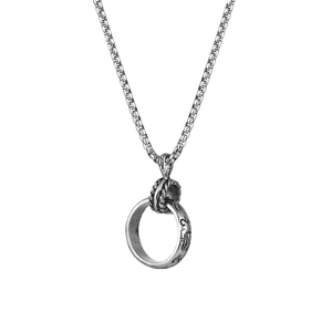 Silver hip hop necklace with ring pendant and box chain on white background