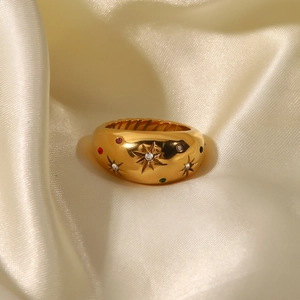 French vintage style gold plated wide star ring with colorful zircon on silk fabric