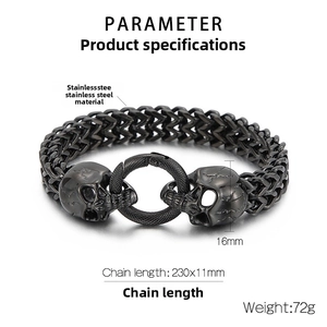 Macro view of stainless steel punk skull bracelet showing 230mm length and 72g weight
