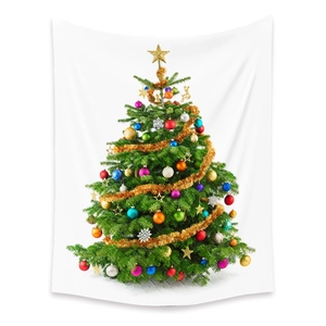 Detail of Christmas tree tapestry with green branches, golden stars and colorful ornaments
