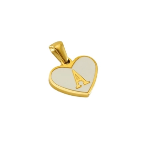 Polished golden heart pendant with white enamel inlay and capital letter A detail