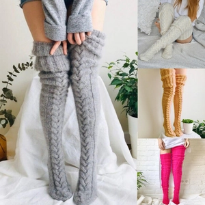 Thigh high cable knit leg warmers for women in grey, beige, camel and rose pink