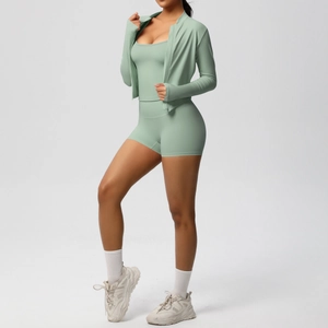 Three-piece mint green sportswear set including zip jacket, tank top and biker shorts