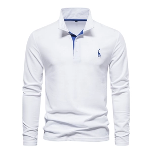 Polo classique blanc à manches longues en coton avec col bleu et broderie de cerf