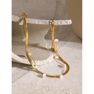18K gold plated double layer stainless steel snake chain anklet with white shell beads