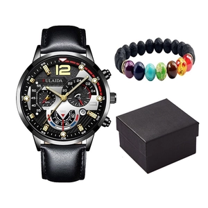 Men's fashion quartz watch set with luminous hands, calendar, and beaded energy bracelet