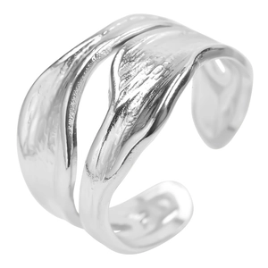 Macro shot of silver snake-style ring featuring unique liquid metal texture and double layers
