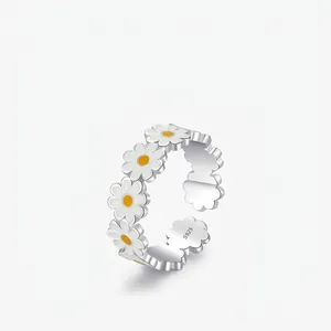 925 Sterling Silver Daisy Flower Open Ring For Women Sweet Enamel Floral Adjustable Finger Ring Jewelry Gift