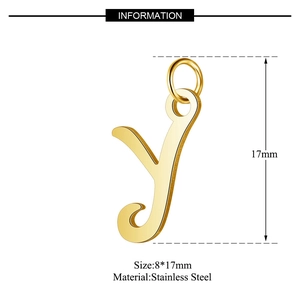 Detailed size view of golden stainless steel hollow letter Y pendant, 8x17mm dimensions