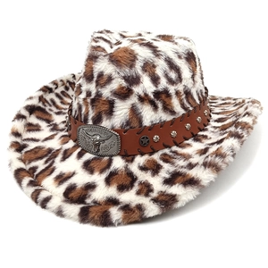 Macro view of leopard print hat with leather band, silver bull buckle and metal stars