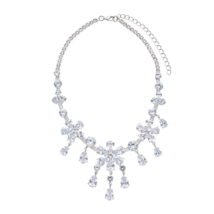 Luxury sparkling zircon flower necklace with teardrop fringe and silver-tone finish