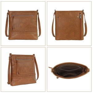 Brown vintage PU leather women crossbody bag details, multi-pocket design, daily shoulder bag.