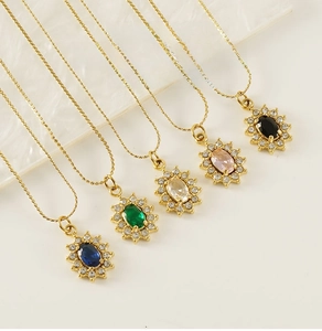 Detailed view of stainless steel zircon necklaces with colorful sunburst oval pendants