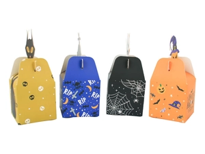 Detailed set of four colorful Halloween paper gift boxes with spooky festive patterns