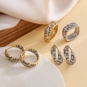 Leopard Print Copper Zirconia Jewelry Set Geometric Animal Pattern Square Ring And Hoop Earrings For Women Fashion Accessory