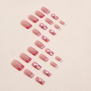 Pink French style square press-on nails with white floral patterns and 24 pieces set