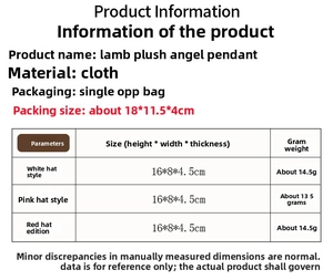Detailed size specifications for handmade plush angel Christmas tree hanging ornaments