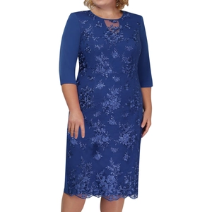 Detail of floral embroidery on navy blue lace mid-length dress with half-sleeves