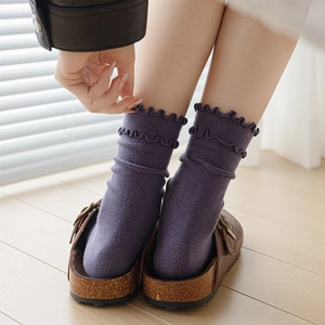 Deep purple ruffled cotton crew socks with double lettuce edge trim for women