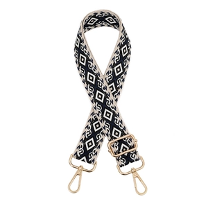 Ethnic pattern woven bag strap with adjustable golden buckles on a white background