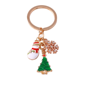 Christmas snowman and tree keychain with golden metal ring and sparkling snowflake charm