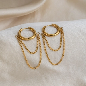 Detail of 18K gold-plated stainless steel double chain fringe hoop earrings for women