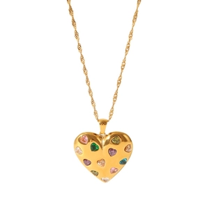 18k gold plated stainless steel heart necklace with colorful zircon gemstones set on white