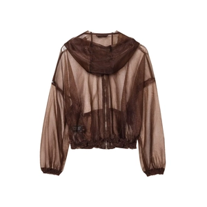 Sheer brown organza hooded jacket with zipper closure in a lightweight loose fit