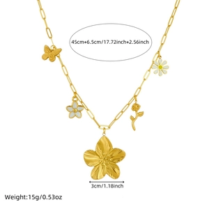 Gold stainless steel flower necklace with butterfly and daisy charms, 45cm length
