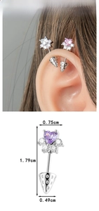 Detail of purple heart zircon ear stud with dimensions and piercing wearing effect