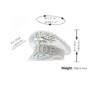 White military style bride captain hat with iridescent rhinestones and sequins