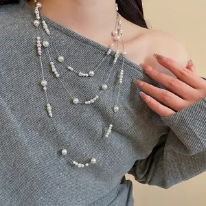 Multi Layer Long Artificial Pearl Necklace Elegant Rhinestone Alloy Sweater Chain Retro Style For Women