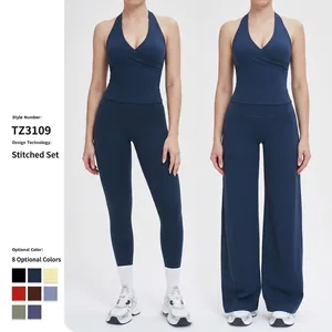 Women Halter V-Neck Yoga Workout Activewear Brushed Nylon Spandex High Waist Leggings Shorts Flare Pants