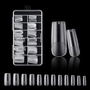 Detailed chart of clear square false nails in various sizes from 0 to 11 with storage box