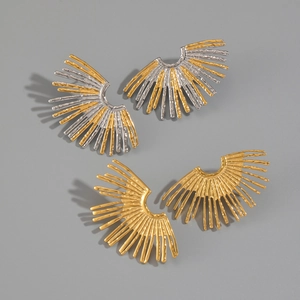 Close-up of 18K gold plated striped fan earrings showing textured metallic finish