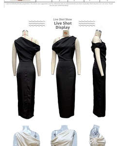 Detailed views of sleeveless one-shoulder bodycon dress with side draping details