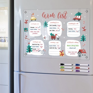 Acrylic Christmas wish list fridge board with marker pens shown on refrigerator