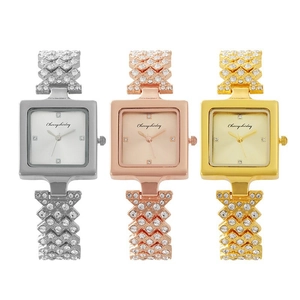 Elegant women's square quartz watches with diamond-set geometric bracelet in three colors