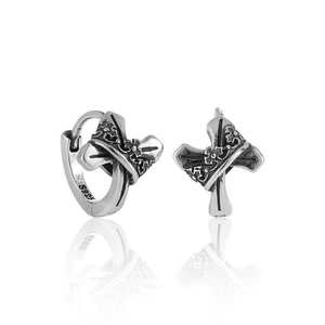 Gothic Cross Crown Hoop Earrings 925 Sterling Silver Vintage Oxidized Retro Punk Style Jewelry For Women